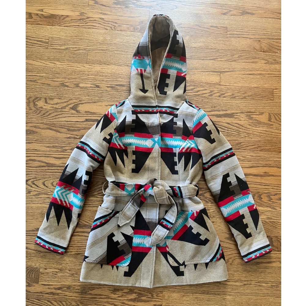 Joujou Womens Southwestern Geometric Hooded Wrap Coat Tan Black Red Turquoise M
